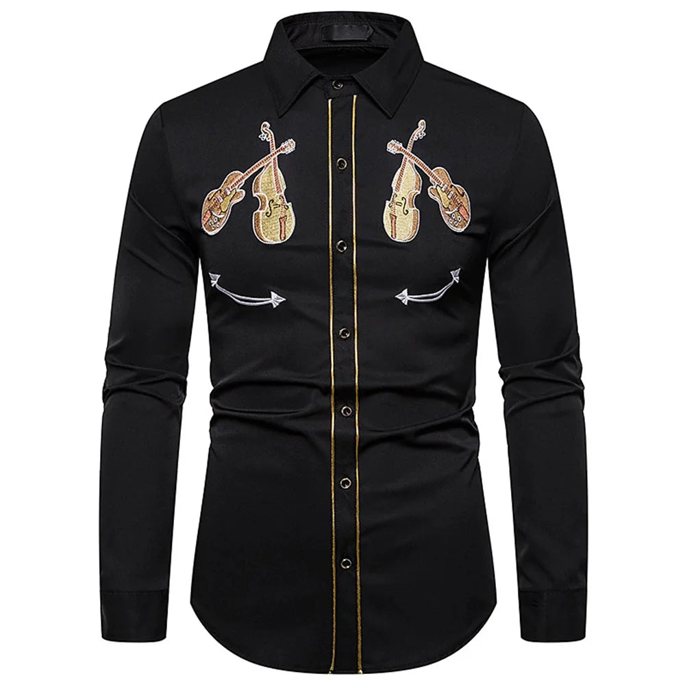 Chemise de style occidental pour hommes, motif d'instrument de musique, imprimĂ© bouton Ă  manches longues de rue, vĂȘtements de sport de rue Ă  la mode