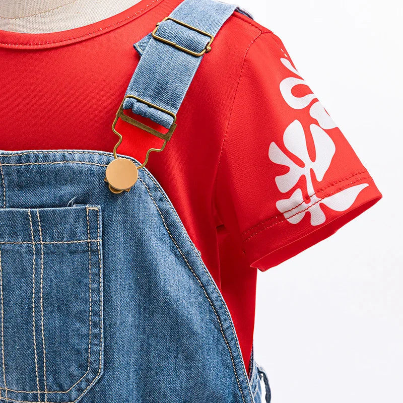 Costume Lilo pour enfant, Halloween, Cosplay, salopette en jean et chemise à imprimé feuilles rouges, ensemble de 2 pièces, costume de carnaval pour fille