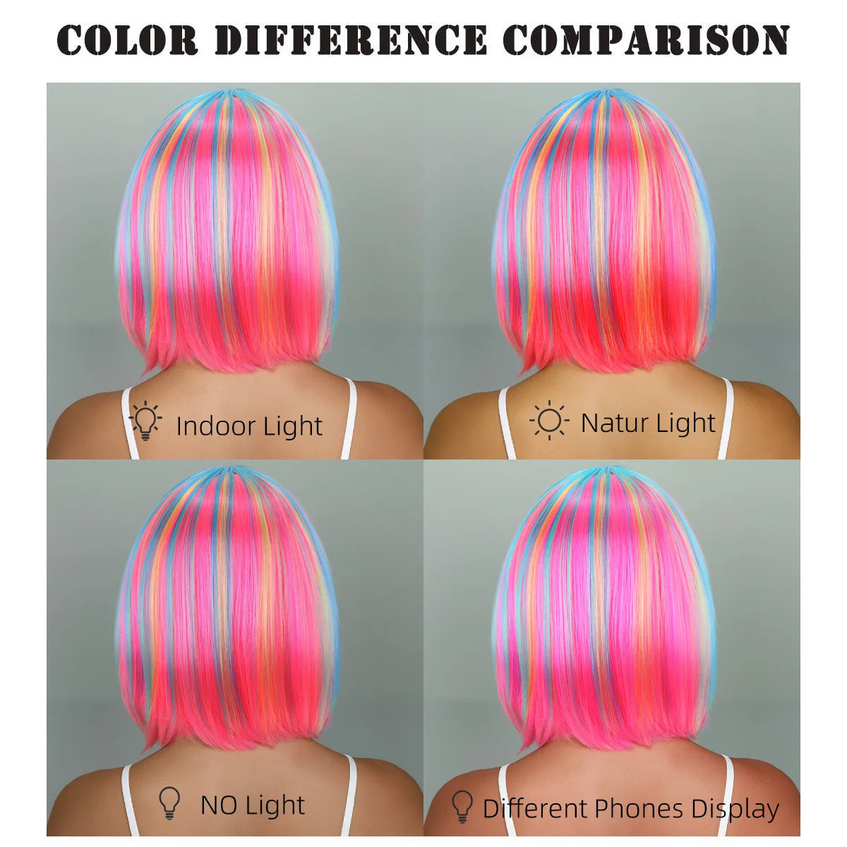 Perruque synthétique multicolore arc-en-ciel pour fêtes quotidiennes, perruque cosplay Halloween, perruque coiffure bob, couvre-chef