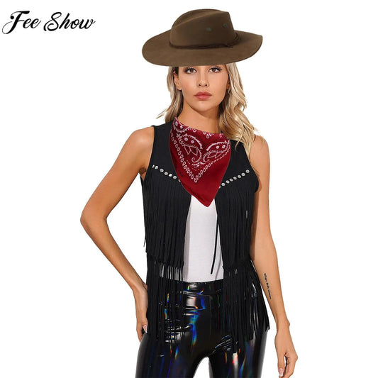 Gilet de cowboy pour femme, costume de cosplay, en faux daim, avec pompons et rivets, pour Halloween, avec bandana