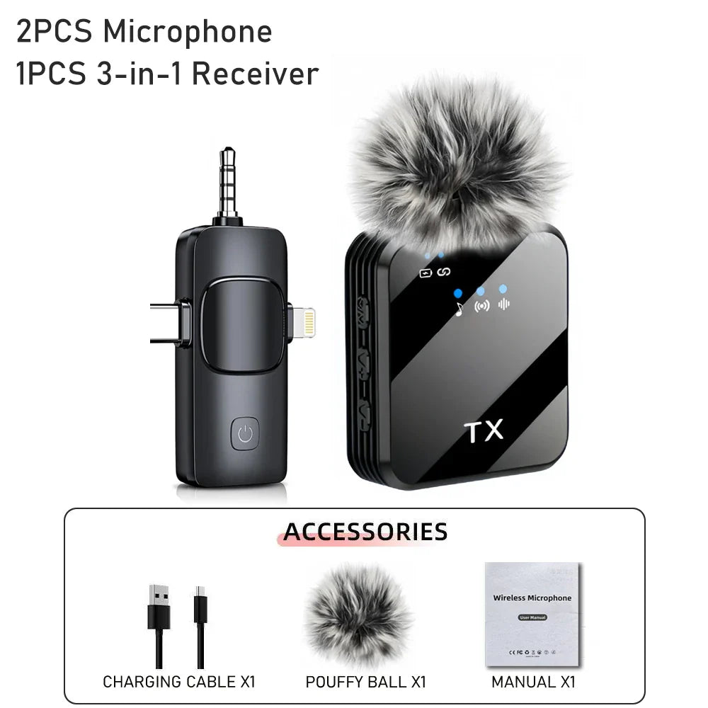 3in1 Wireless Lavalier Microphone for Camera,iPhone,Android,Microphone for Video Recording Recording Podcast Noise Reduction mic