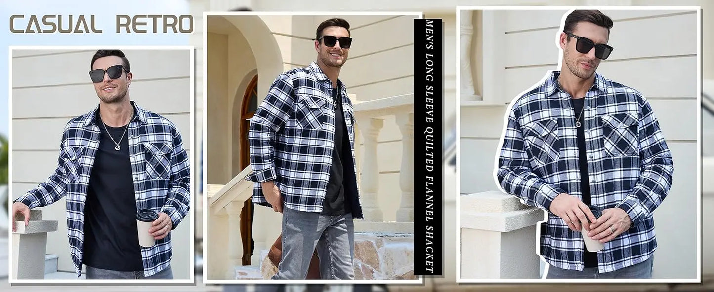 TACVASEN Veste d'hiver en coton Ă  carreaux pour homme, manches longues, matelassĂ©e, doublĂ©e, en flanelle, multi-poches, vĂȘtements d'extĂ©rieur, manteaux de randonnĂ©e