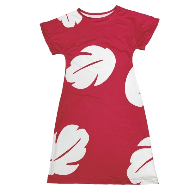 2025 Halloween Costume de Cosplay Lilo  pour filles, robe d'été hawaïenne à motif de feuilles de dessin animé, rouge