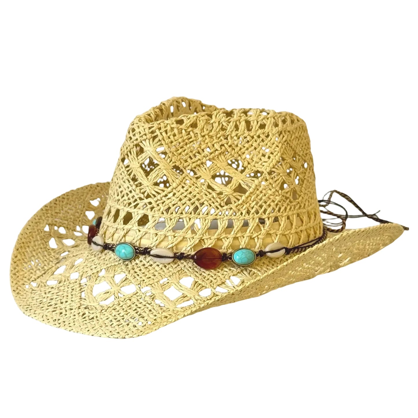 Chapeaux de cow-girl pour femmes et hommes, chapeau occidental d'été en plein air, chapeau de paille à large bord avec bande perlée