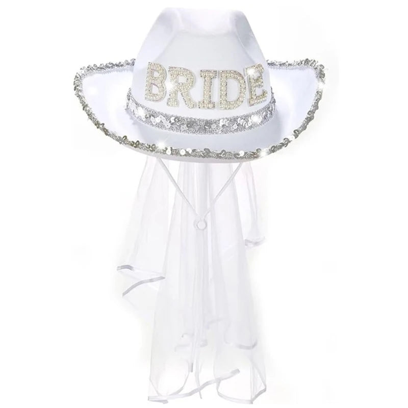 Chapeau de mariée amusant de cow-boy avec voile en maille et strass, chapeau à large bord pour enterrement de vie de jeune fille, accessoires de fête de mariage