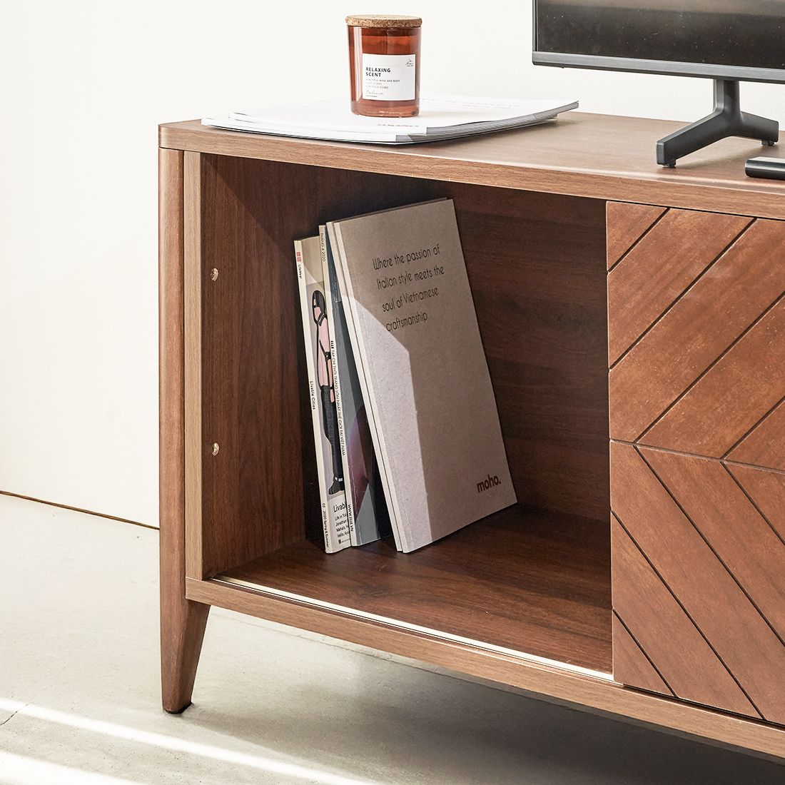 Odense Brown Wood TV Stand Entertainment Console with Chevron Detail