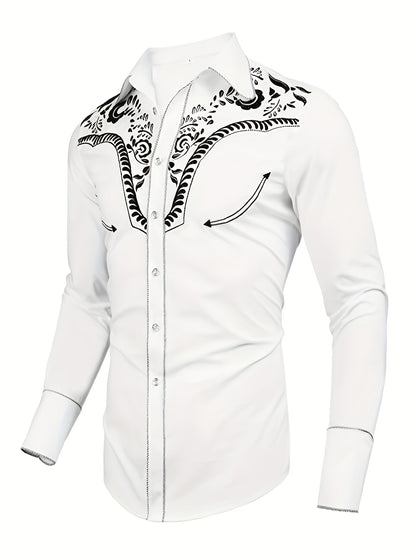 Chemise brodée à manches longues style cowboy western chic - Mélange de coton doux, design élégant, style décontracté pour les vacances de printemps et d'automne - Chemise homme pour activités de plein air, voyages et loisirs