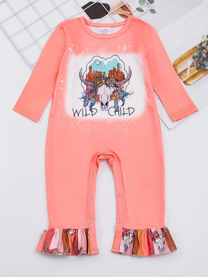 Autumn Western Cowboy Series Baby Girl's Cute Bodysuit With Leopard Cow Pattern Flower Letter...random Print