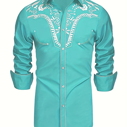 Chemise brodée à manches longues style cowboy western chic - Mélange de coton doux, design élégant, style décontracté pour les vacances de printemps et d'automne - Chemise homme pour activités de plein air, voyages et loisirs