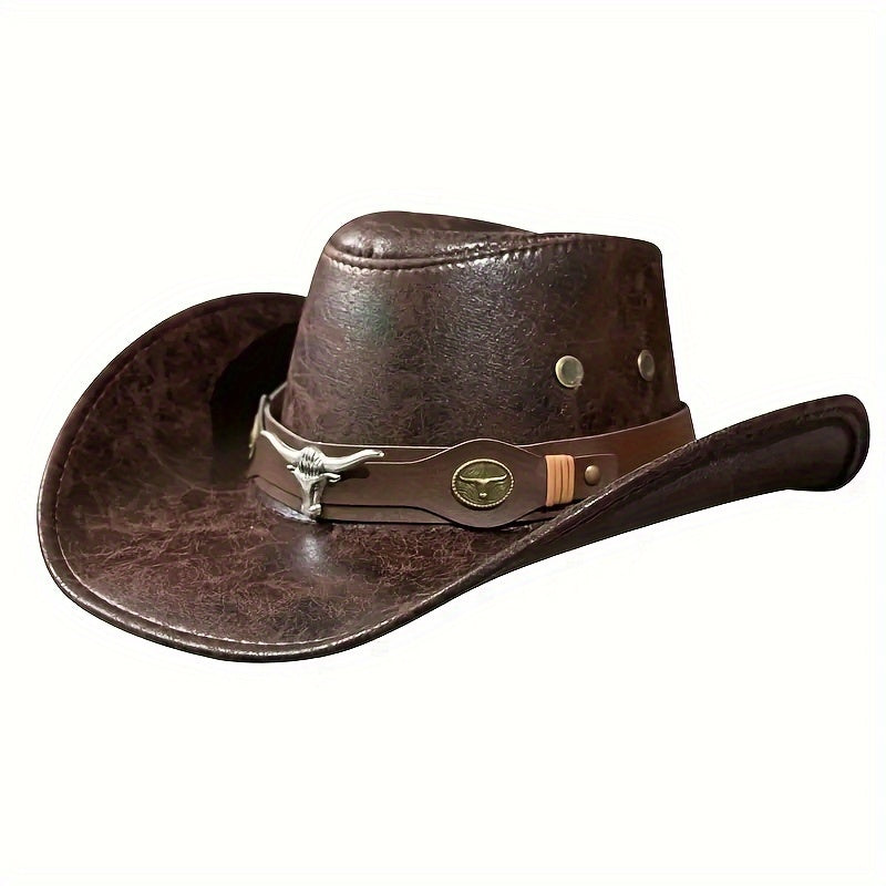 [Chapeau de cowboy en cuir de taureau] Chapeau de cowboy Western Cowboy One en cuir de taureau à rivets | Chapeau pare-soleil d'extérieur