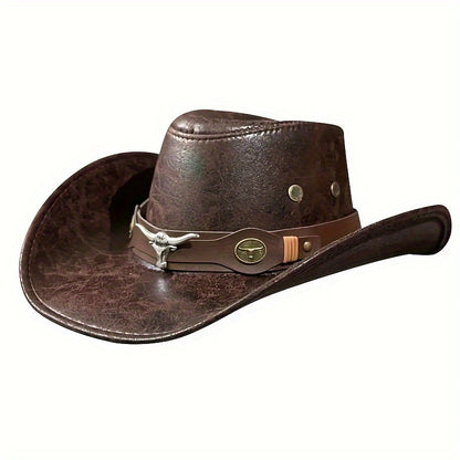 [Chapeau de cowboy en cuir de taureau] Chapeau de cowboy Western Cowboy One en cuir de taureau à rivets | Chapeau pare-soleil d'extérieur
