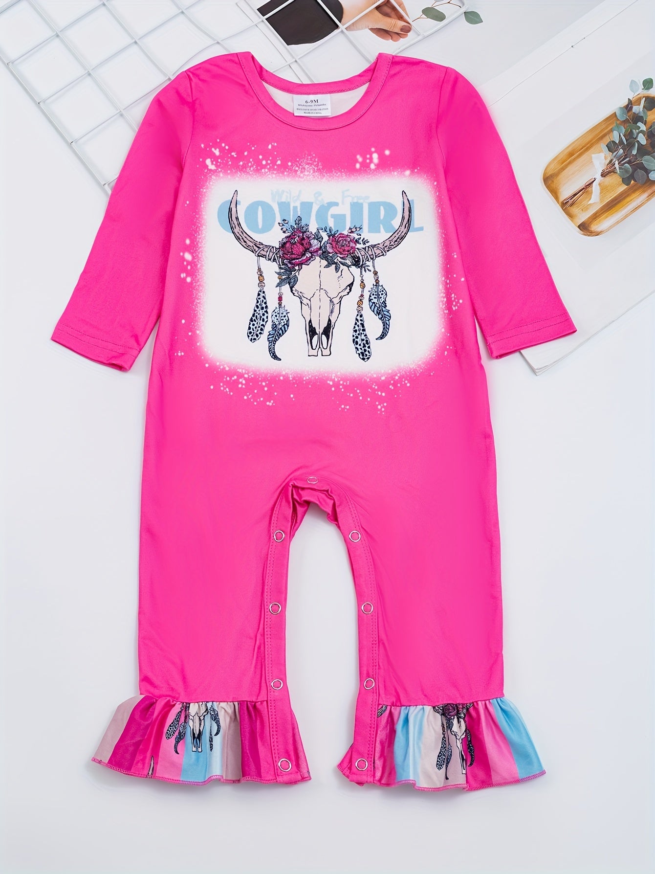 Autumn Western Cowboy Series Baby Girl's Cute Bodysuit With Leopard Cow Pattern Flower Letter...random Print