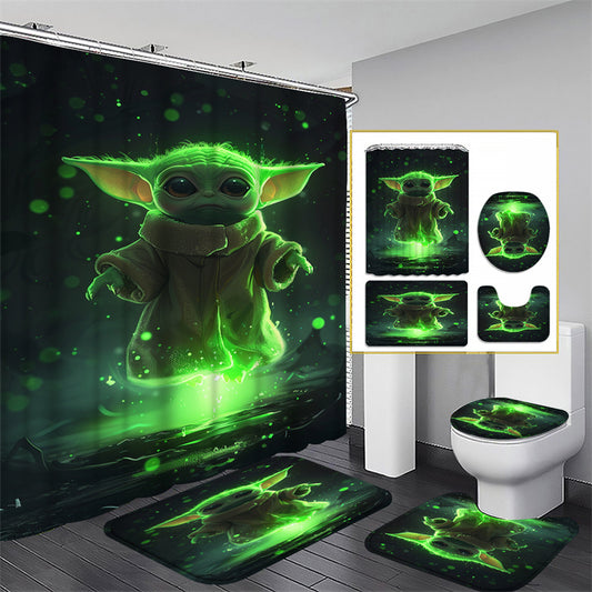 4Pcs/1set Disney Star Wars Baby Yoda The Mandalorian Shower Curtain Set - 12 Hook Waterproof Shower Curtain With Anti-Slip Rug Toilet Seat Cover Mat And U-Shaped Mat - Complete Bathroom Accessories Kit For Modern Decor