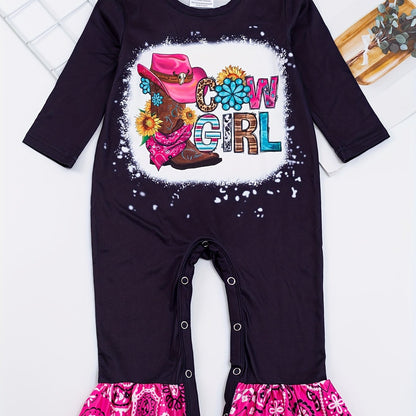Autumn Western Cowboy Series Baby Girl's Cute Bodysuit With Leopard Cow Pattern Flower Letter...random Print