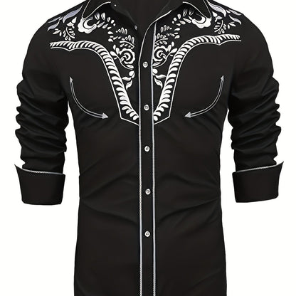 Chemise brodée à manches longues style cowboy western chic - Mélange de coton doux, design élégant, style décontracté pour les vacances de printemps et d'automne - Chemise homme pour activités de plein air, voyages et loisirs
