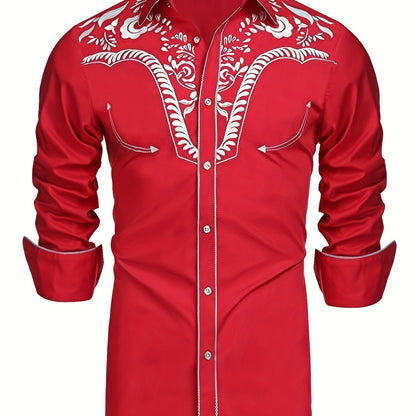 Chemise brodée à manches longues style cowboy western chic - Mélange de coton doux, design élégant, style décontracté pour les vacances de printemps et d'automne - Chemise homme pour activités de plein air, voyages et loisirs