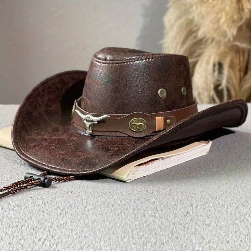 [Chapeau de cowboy en cuir de taureau] Chapeau de cowboy Western Cowboy One en cuir de taureau à rivets | Chapeau pare-soleil d'extérieur