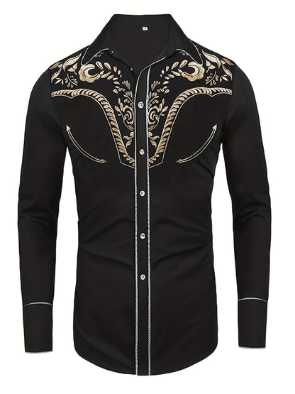 Chemise brodée à manches longues style cowboy western chic - Mélange de coton doux, design élégant, style décontracté pour les vacances de printemps et d'automne - Chemise homme pour activités de plein air, voyages et loisirs