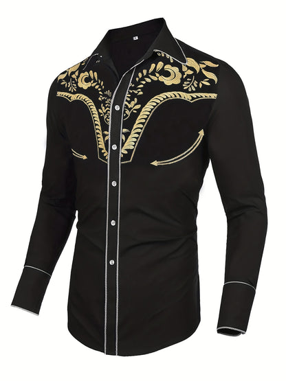 Chemise brodée à manches longues style cowboy western chic - Mélange de coton doux, design élégant, style décontracté pour les vacances de printemps et d'automne - Chemise homme pour activités de plein air, voyages et loisirs