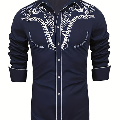 Chemise brodée à manches longues style cowboy western chic - Mélange de coton doux, design élégant, style décontracté pour les vacances de printemps et d'automne - Chemise homme pour activités de plein air, voyages et loisirs