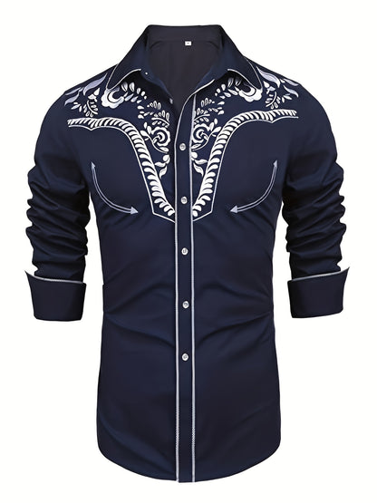 Chemise brodée à manches longues style cowboy western chic - Mélange de coton doux, design élégant, style décontracté pour les vacances de printemps et d'automne - Chemise homme pour activités de plein air, voyages et loisirs