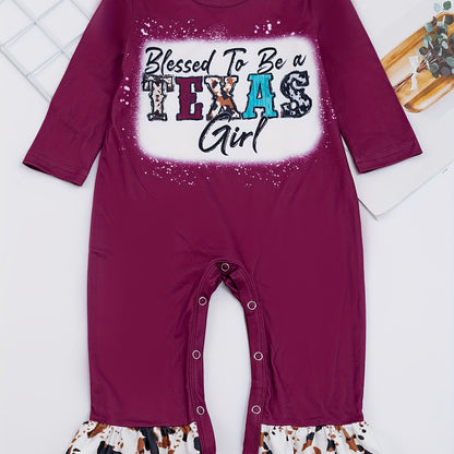 Autumn Western Cowboy Series Baby Girl's Cute Bodysuit With Leopard Cow Pattern Flower Letter...random Print