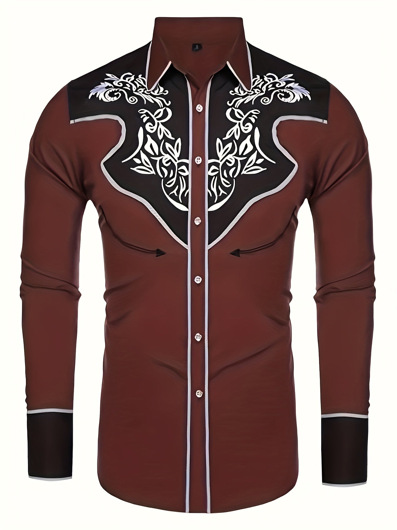 Chemise brodée à manches longues style cowboy western chic - Mélange de coton doux, design élégant, style décontracté pour les vacances de printemps et d'automne - Chemise homme pour activités de plein air, voyages et loisirs
