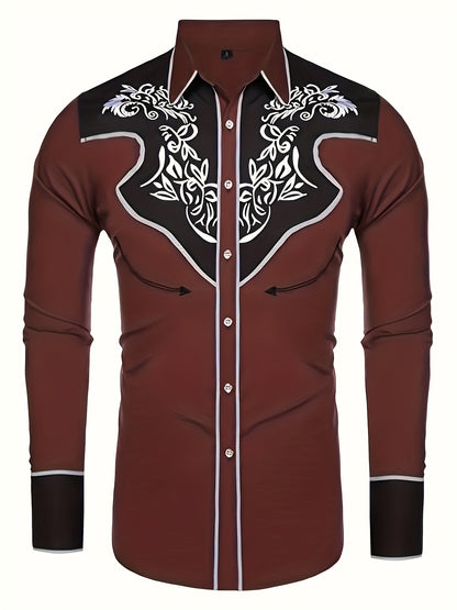 Chemise brodée à manches longues style cowboy western chic - Mélange de coton doux, design élégant, style décontracté pour les vacances de printemps et d'automne - Chemise homme pour activités de plein air, voyages et loisirs