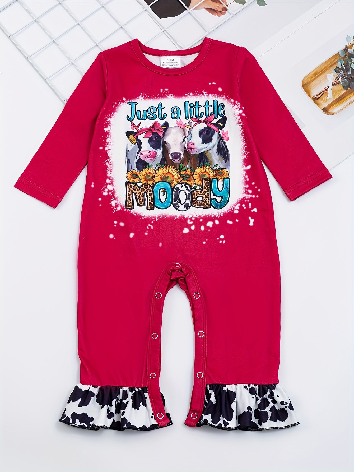 Autumn Western Cowboy Series Baby Girl's Cute Bodysuit With Leopard Cow Pattern Flower Letter...random Print