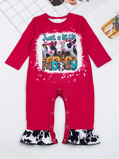 Autumn Western Cowboy Series Baby Girl's Cute Bodysuit With Leopard Cow Pattern Flower Letter...random Print