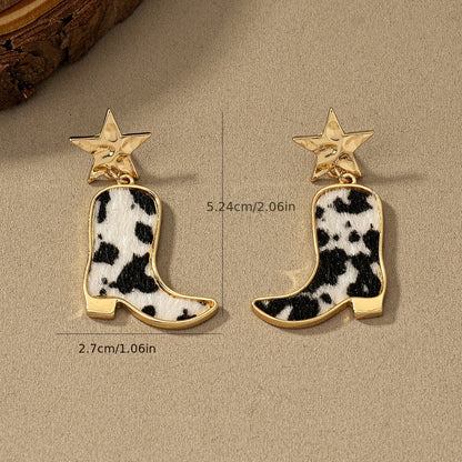 1 Pair Vintage Boho Cowboy Boot Earrings, Black and White Faux Leather with Golden Star Accent, Zinc Alloy Dangle Drop Earrings for Women, Stainless Steel Posts, Suitable for Daily and Vacation Wear, Bohemian Style, Leather B