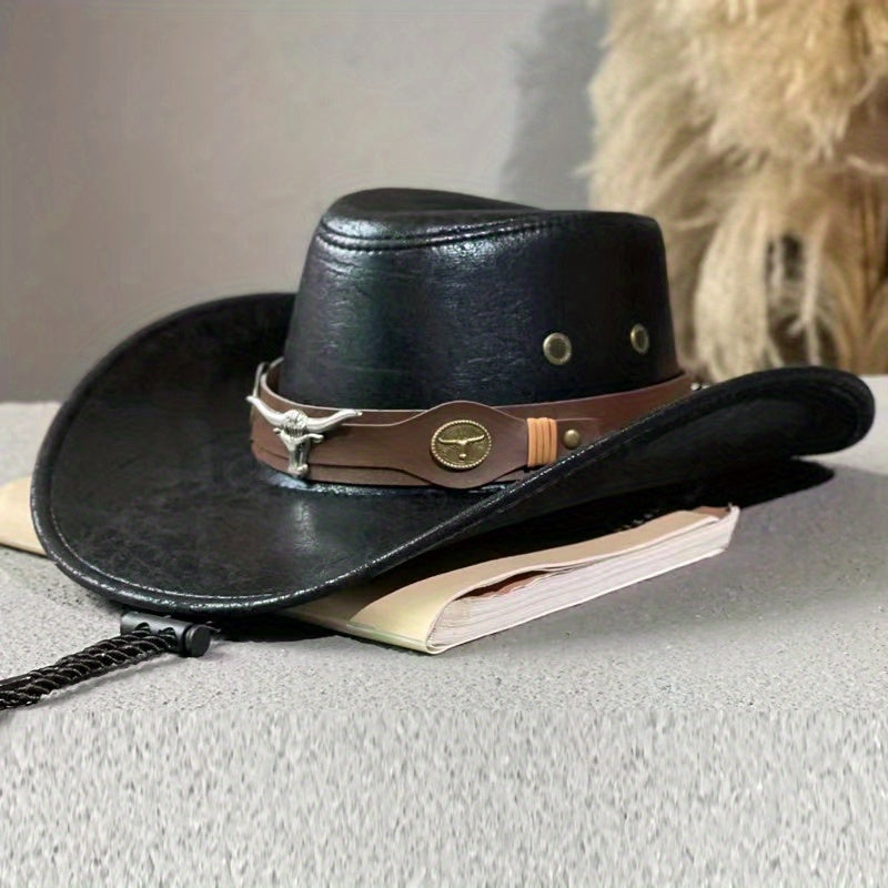 [Chapeau de cowboy en cuir de taureau] Chapeau de cowboy Western Cowboy One en cuir de taureau à rivets | Chapeau pare-soleil d'extérieur