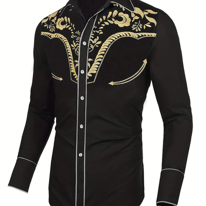Chemise brodée à manches longues style cowboy western chic - Mélange de coton doux, design élégant, style décontracté pour les vacances de printemps et d'automne - Chemise homme pour activités de plein air, voyages et loisirs