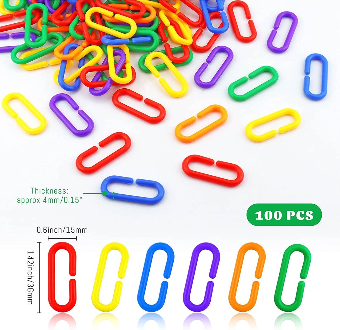 100PCS Plastic Chain Links, Children'S Learning Toy, Mix Color Rainbow DIY C-Clips Chains Hooks Swing Climbing Cage Toys for Bird Sugar Glider Rat Parrot