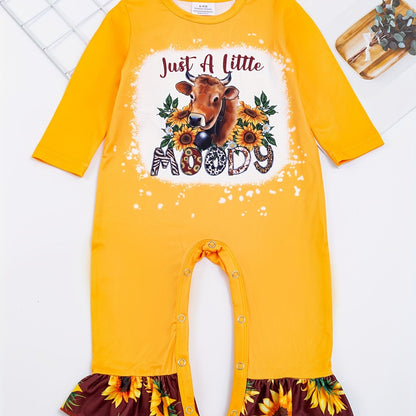 Autumn Western Cowboy Series Baby Girl's Cute Bodysuit With Leopard Cow Pattern Flower Letter...random Print