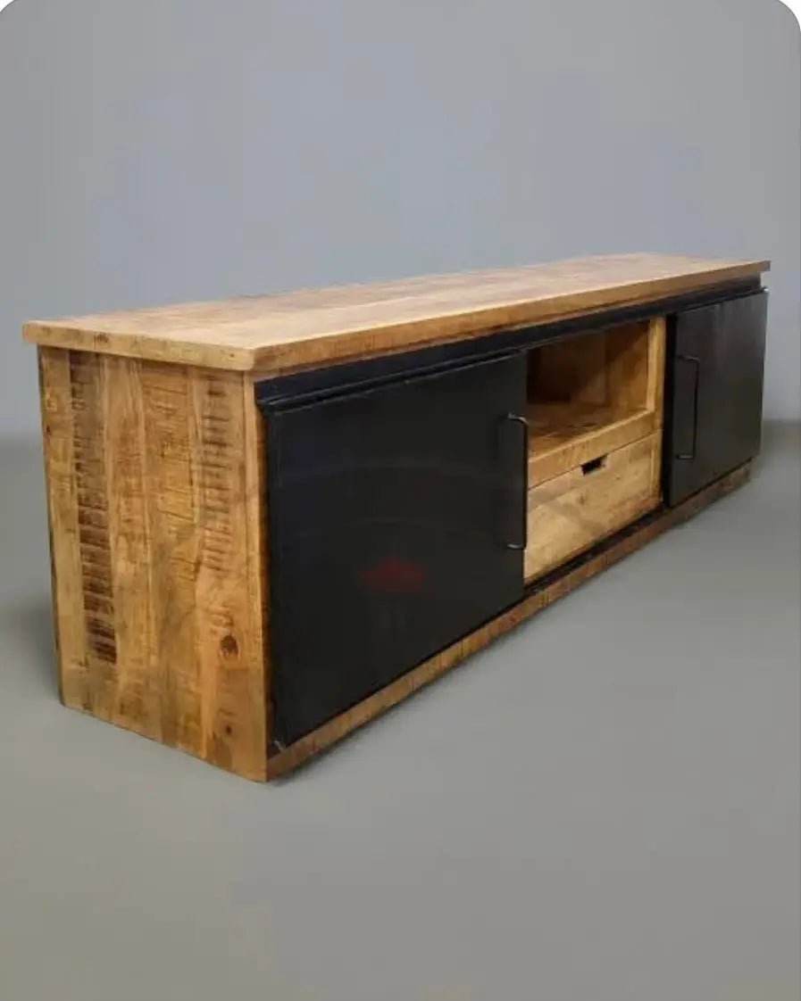 Meuble télé en bois de manguier avec 2 portes coulissantes en acier