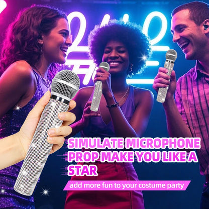 Fake Microphone Prop Sparkly Bling Rhinestones Plastic Play Microphone Pretend Glitter Bedazzled Mic for Cosplay Party Costume