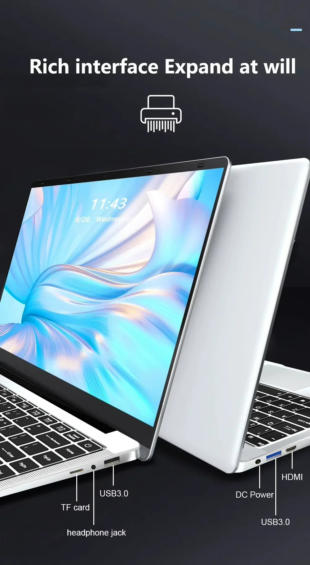 14.1'' Laptop Windows 11 Intel Atom x7 A3950 180° Folding Slim Laptop 12GB RAM 512GB 1TB SSD 1920*1080 Office Study Computer PC