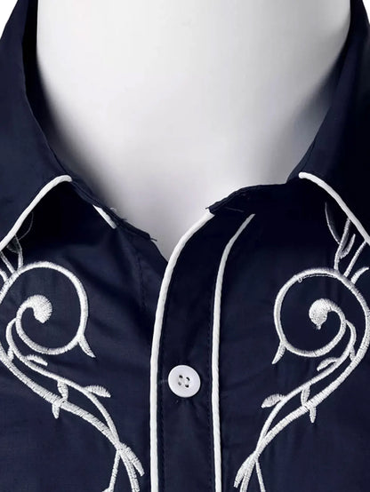 Fashion Embroidered Shirt American Western Style Shirt Western Denim Embroidered Solid color Embroidered Long-sleeved Shirt