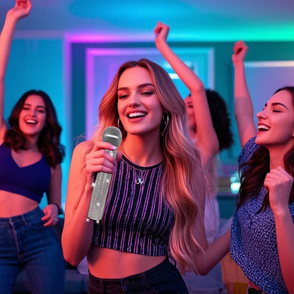 Fake Microphone Prop Sparkly Bling Rhinestones Plastic Play Microphone Pretend Glitter Bedazzled Mic for Cosplay Party Costume