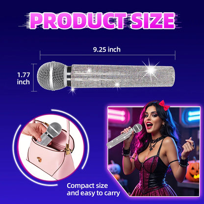 Fake Microphone Prop Sparkly Bling Rhinestones Plastic Play Microphone Pretend Glitter Bedazzled Mic for Cosplay Party Costume