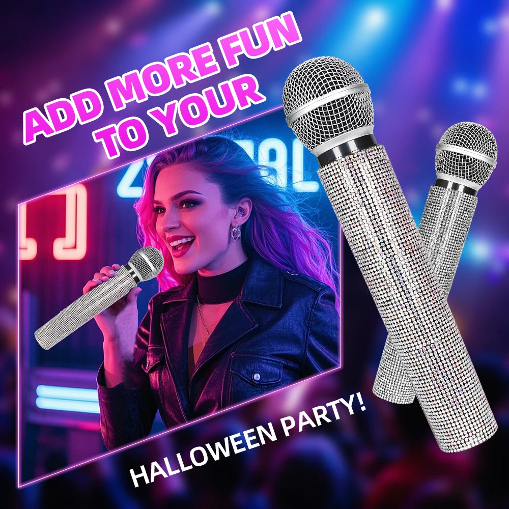 Fake Microphone Prop Sparkly Bling Rhinestones Plastic Play Microphone Pretend Glitter Bedazzled Mic for Cosplay Party Costume