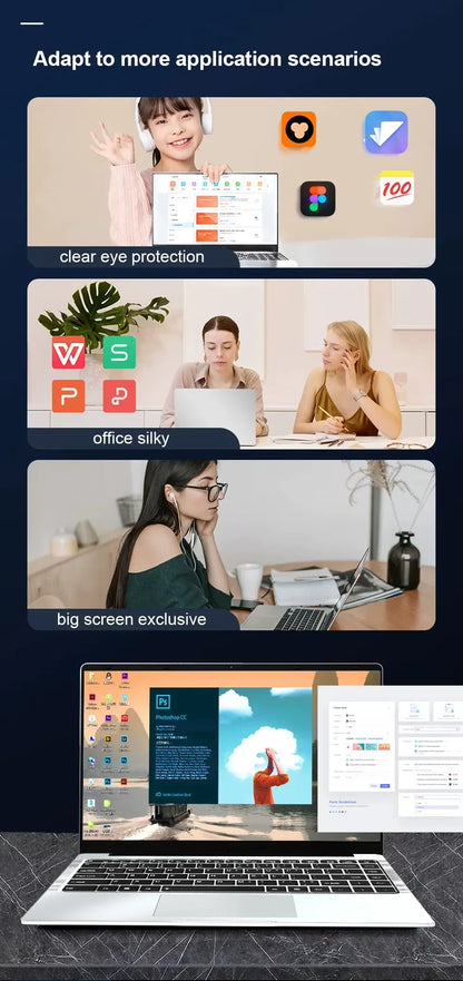 14.1'' Laptop Windows 11 Intel Atom x7 A3950 180° Folding Slim Laptop 12GB RAM 512GB 1TB SSD 1920*1080 Office Study Computer PC