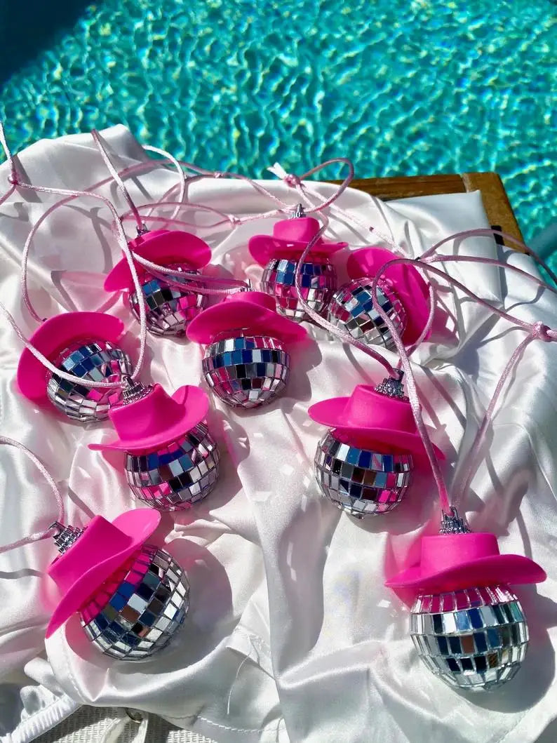 Pink Cowgirl CowBoy Hat Car Charm Rear View Mirror Hanging Disco Ball Bling Keychain Western Accessories Bag Decor Car Makeover