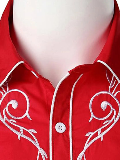 Fashion Embroidered Shirt American Western Style Shirt Western Denim Embroidered Solid color Embroidered Long-sleeved Shirt