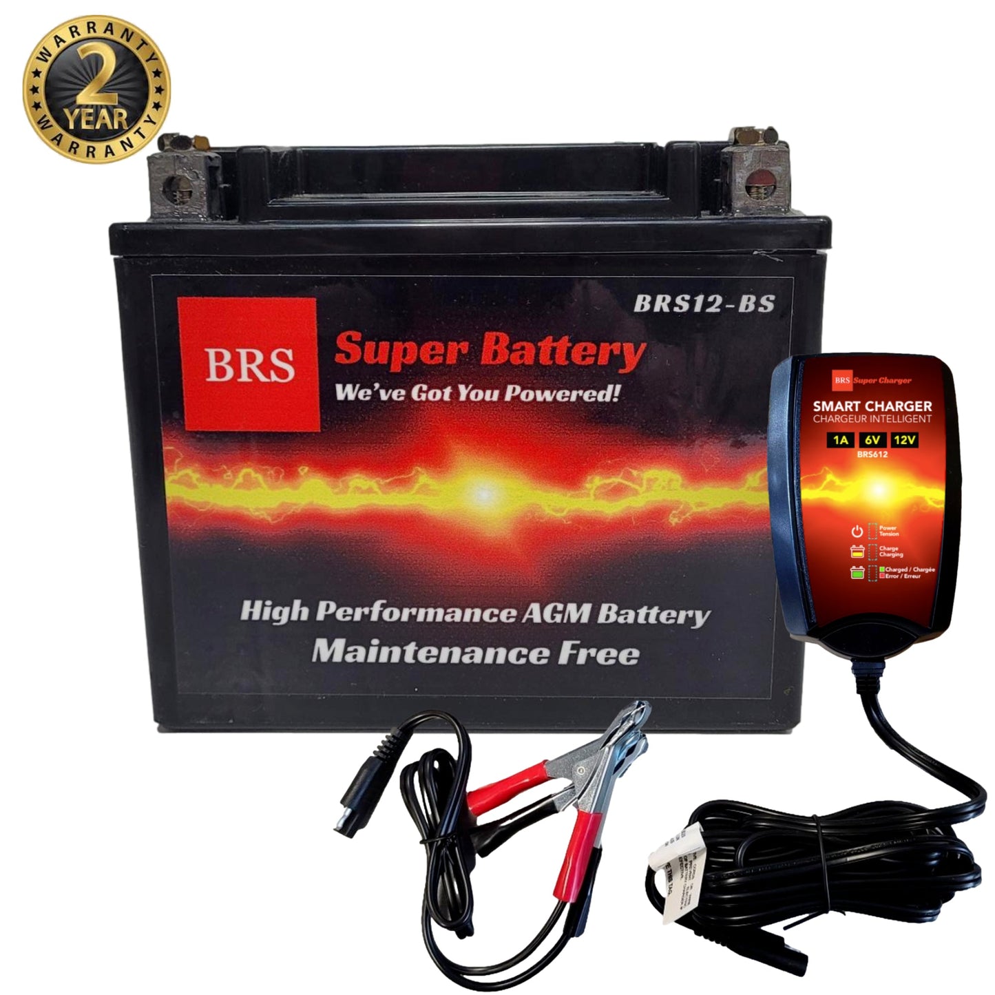 High Performance BRS12-BS 2 Year Warranty & Smart Charger / Maintainer Combo Bundle Kit 12v Sealed AGM PowerSports Battery