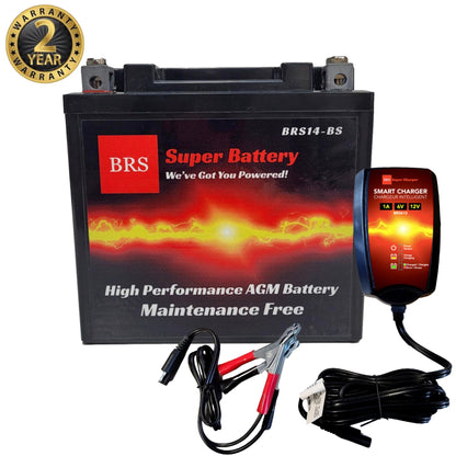 High Performance BRS14-BS 2 Year Warranty & Smart Charger / Maintainer Combo Bundle Kit 12v Sealed AGM PowerSports Battery