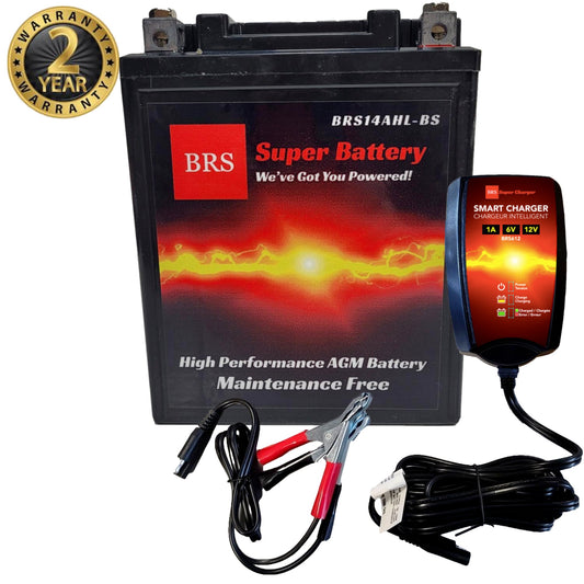 High Performance BRS14AHL-BS 2 Year Warranty & Smart Charger / Maintainer Combo Bundle Kit  12v Sealed AGM PowerSports Battery