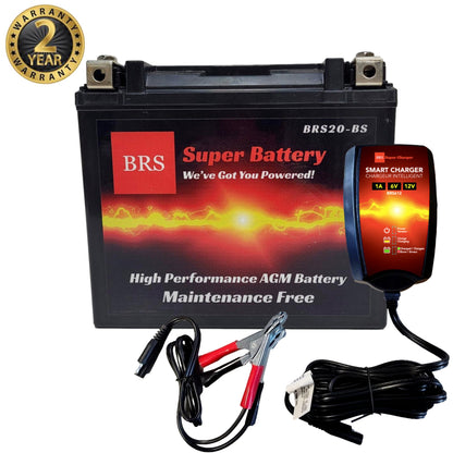 High Performance BRS20-BS 2 Year Warranty & Smart Charger / Maintainer Combo Bundle Kit  12v Sealed AGM PowerSports Battery