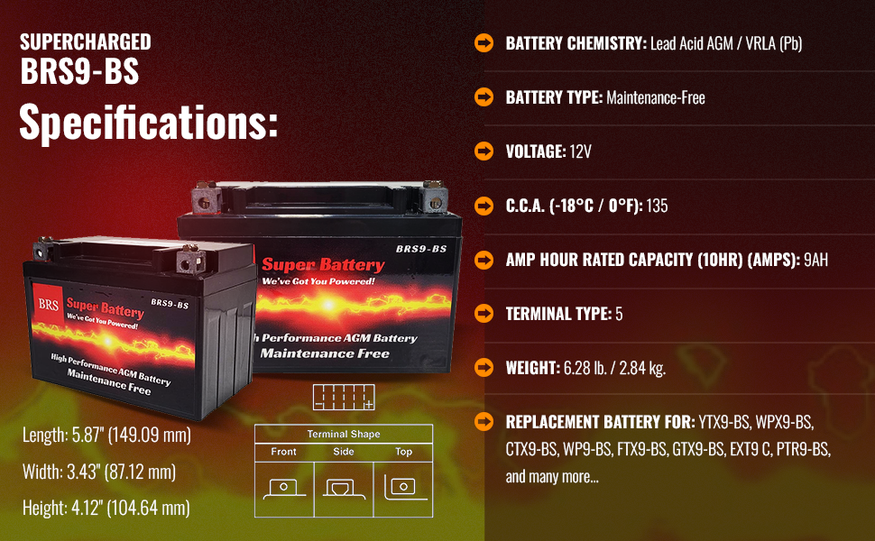 BRS9-BS 12v 9AH 135CCA 30 Day Warranty